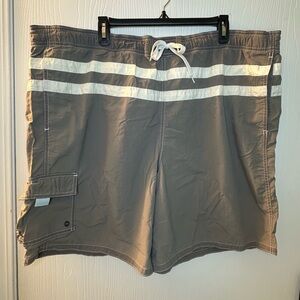 Merona grey white stripe drawstring swim trunks men’s XXL inseam‎ 7.5”